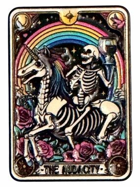 Pin 1.25” “The Audacity” Skeleton Riding Unicorn Rainbow Roses Enamel Brooch
